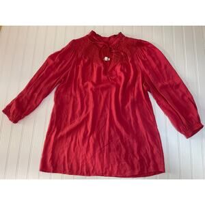 Odille Anthropologie Baroque Peasant Top Tie Front Smocked Blouse Coral - Size 8